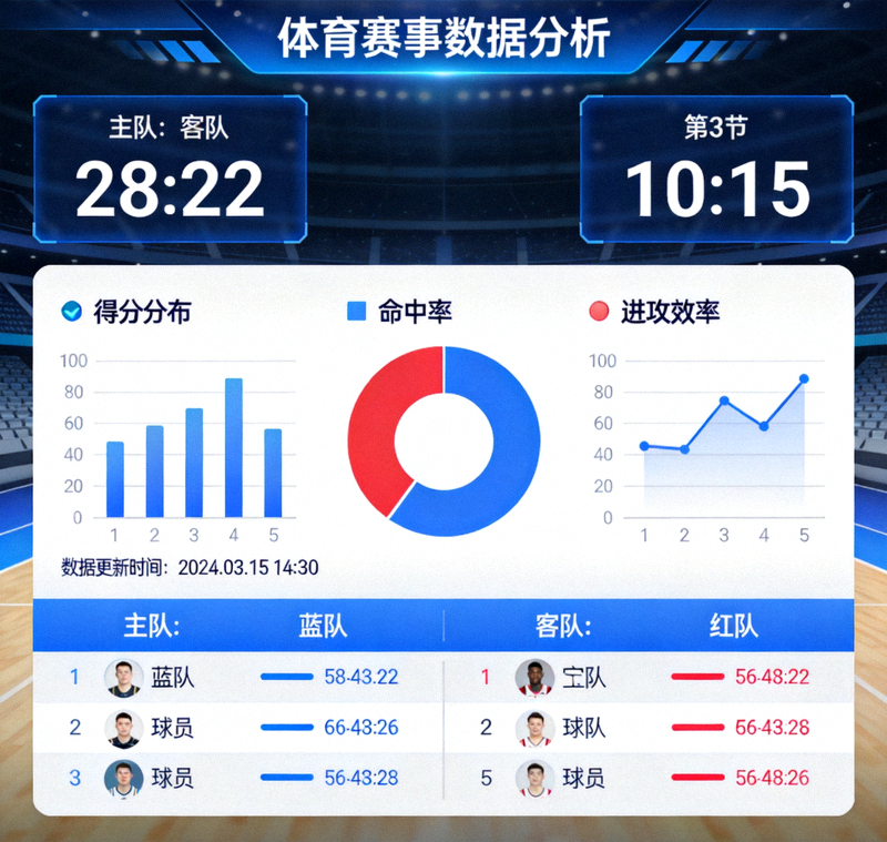 体育赛事数据分析看板界面，展示比分与统计图表